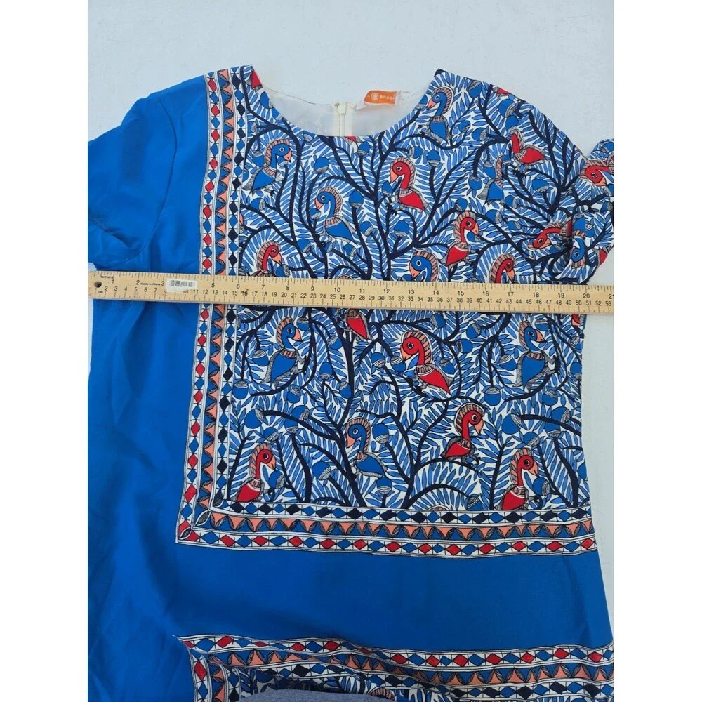 Tory Burch Mallory Silk Shift Mini Dress Blue Bird Frame Geo Print